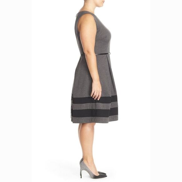 New! CALVIN KLEIN Women's Plus Size Belted Striped-Hem Ponte Dress Size 14W Gray - Picture 2 of 5